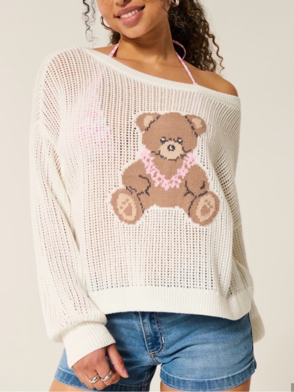 HOLLISTER  Open-Knit Sweater with Teddy Bear Motif! New ! M
